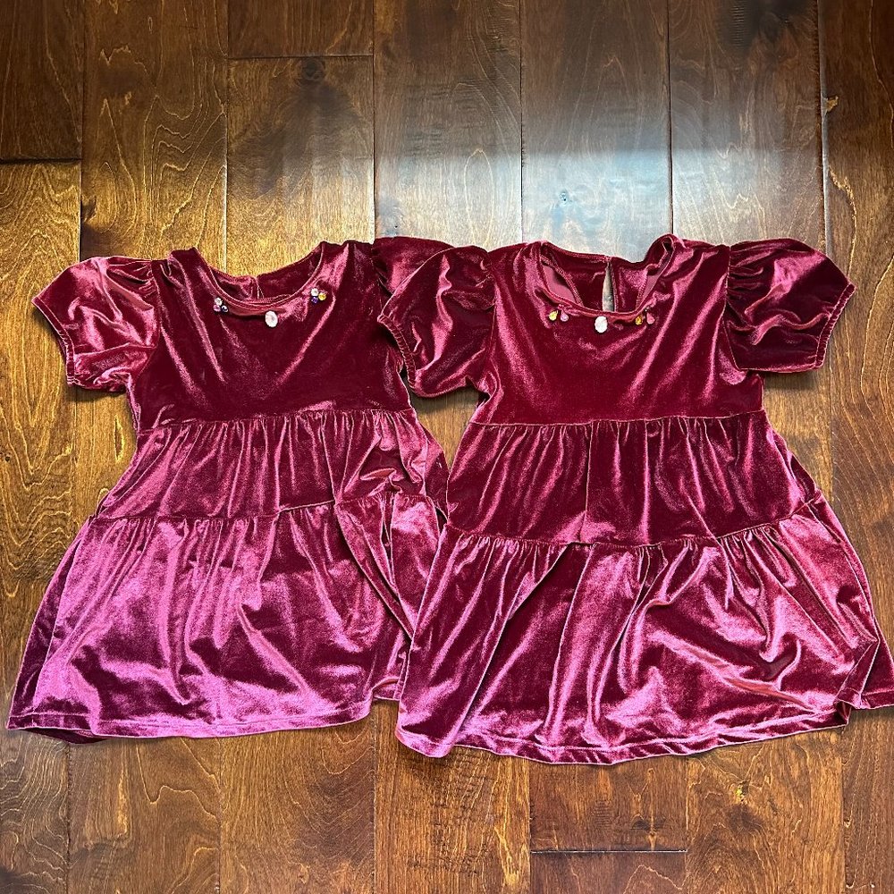 TWIN BUNDLE - 2 4-5Y Zara Tiered Velvet Dresses in Burgundy Color
